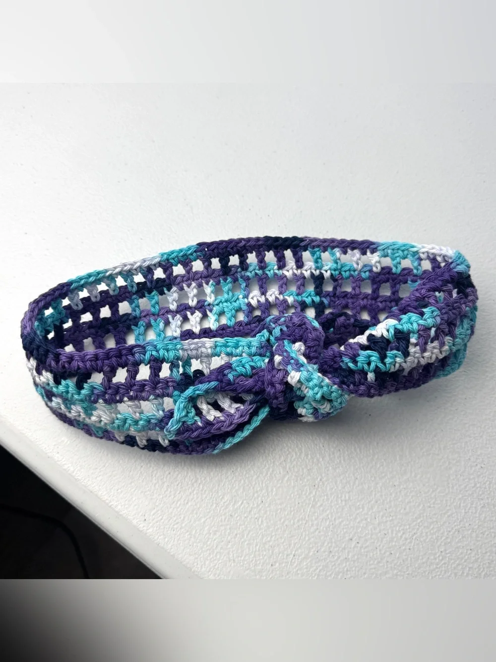 Teal Purple White Crochet Tie Headband 36”x2.25” Handmade Breathable NEW